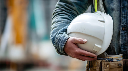 Close up of construction worker holding a safety helmet on construction site backgroundの写真素材