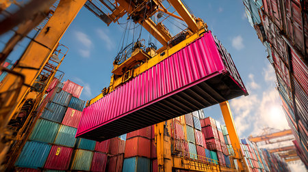 Container Cargo freight ship with working crane bridge for Logistic Import Export background