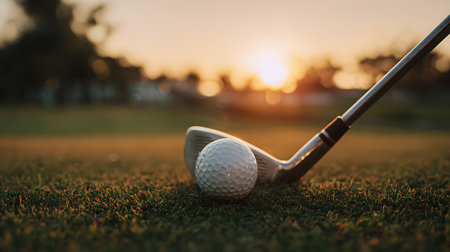 Golf club and ball on green grass ready to play at sunsetの写真素材