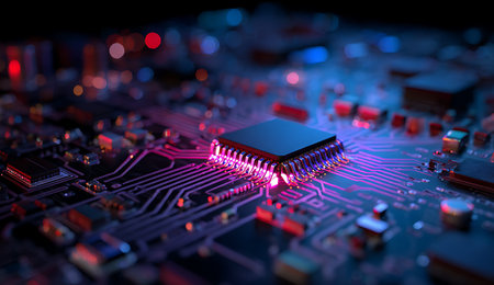 Electronic circuit board close-up. Technology background. 3d rendering