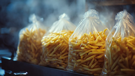 french fries in plastic bag at street food market, closeup