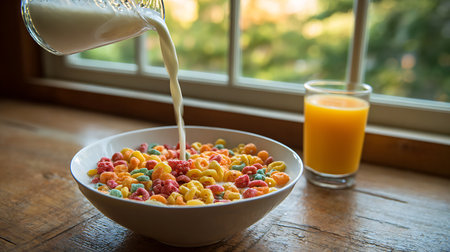 Bowl of colorful cereal with milk on wooden table near window.の写真素材