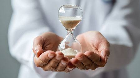Close-up of female doctor holding hourglass with sand in hands