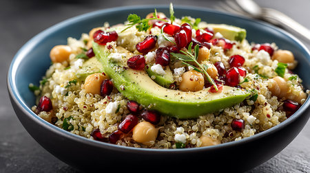 Quinoa salad with chickpeas, avocado and pomegranate seeds in bowlの写真素材
