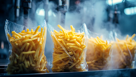 French fries in plastic bags on a conveyor belt in a fast food factoryの写真素材