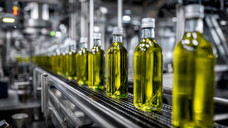 Bottling line of sunflower oil in bottles. Vegetable oil production plant. Industrial backgroundの写真素材