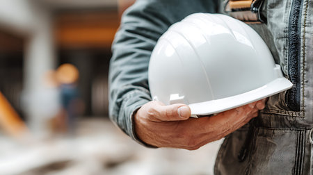 Close-up of engineer holding a white hardhat at construction siteの写真素材