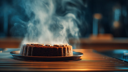 Chocolate cake with smoke on a wooden table. Close-upの写真素材