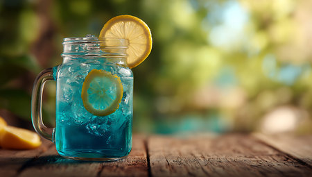Blue cocktail with lemon and ice on wooden table outdoors. Space for textの写真素材