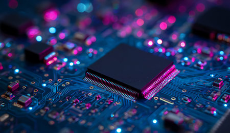 Close-up of electronic circuit board with microcircuits. Technology background