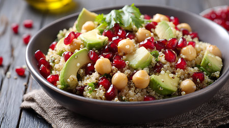 Quinoa salad with chickpeas, avocado and pomegranate seeds close-up. horizontalの写真素材