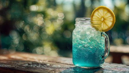 Blue cocktail with ice and lemon on a wooden table in the gardenの写真素材