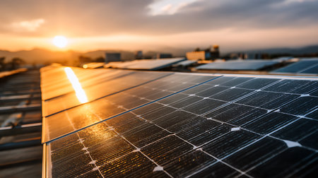 Solar panel on the roof of a building in the city at sunsetの写真素材