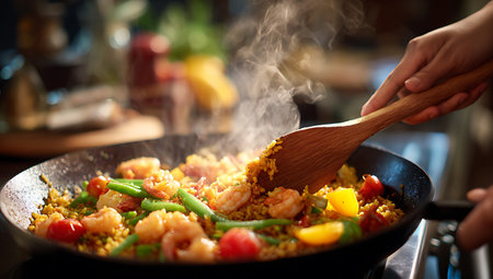 Close-up of female hands cooking paella with shrimpsの写真素材