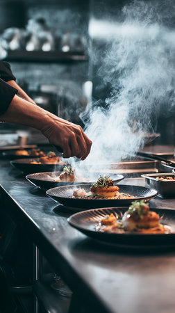 Chef preparing food in the kitchen of the hotel or restaurant.の写真素材