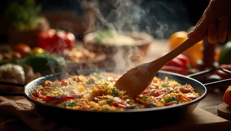 Chicken paella in a frying pan with wooden spoon, closeupの写真素材