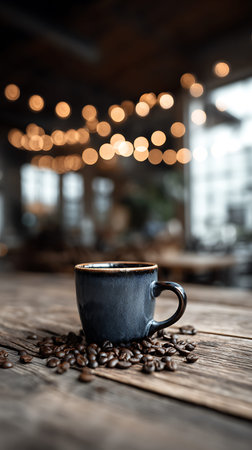 Coffee cup and coffee beans on wooden table in coffee shopの写真素材