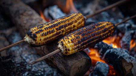 Grilled corn on the cob on the coals of a campfireの写真素材