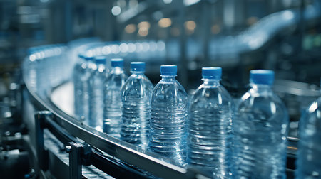 Bottling water in bottles on a conveyor belt at a beverage plant.の写真素材