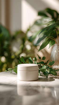 White round cosmetic container with green leaves on a white table in the sunlightの写真素材