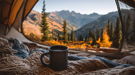 Cup of coffee in camping tent on the background of mountains and forestの写真素材