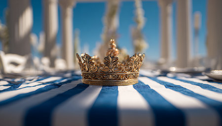 King crown on a blue and white striped tablecloth. Selective focusの写真素材