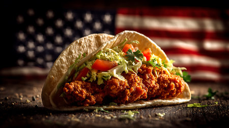 Tacos with fried chicken and vegetables on rustic wooden backgroundの写真素材