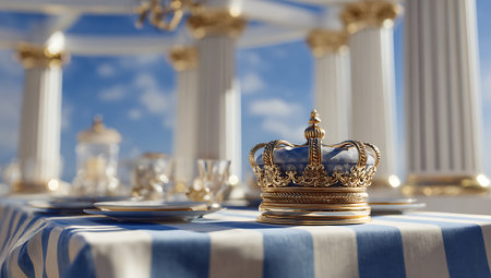 golden crown on table with blue tablecloth, 3d renderの写真素材
