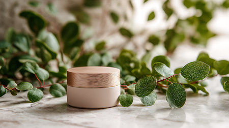 Luxury face cream moisturizer jar and green eucalyptus leaves background, floral cosmetics product