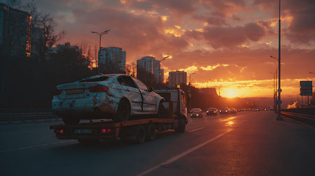 Car on the highway at sunset. Car on the roadの写真素材