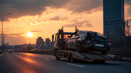 Car accident on the highway at sunset in Beijing, China. Traffic accident.の写真素材