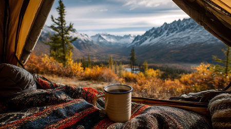 Cup of hot coffee in camping tent on background of mountains and autumn forestの写真素材