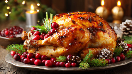 Roasted turkey with cranberries and rosemary on a wooden backgroundの写真素材