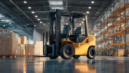 Forklift loader in warehouse. This is a 3d render illustrationの写真素材