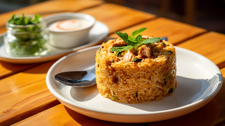 Fried rice with vegetables and herbs on a wooden table in a restaurant