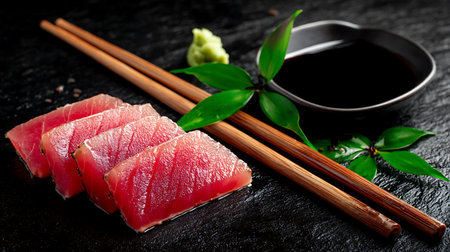 Tuna sashimi with soy sauce and chopsticks on black backgroundの写真素材
