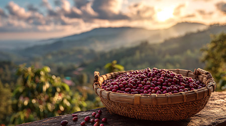 Coffee beans in a basket on a wooden table with mountain backgroundの写真素材