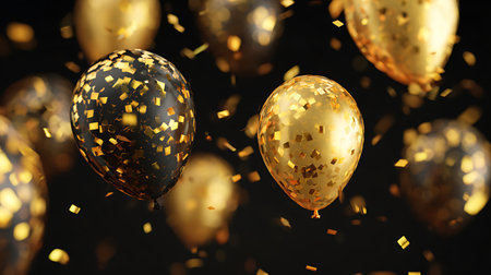 Golden and black balloons with confetti on dark background. 3d renderingの写真素材