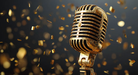 Retro microphone with golden confetti on dark background. 3d illustrationの写真素材