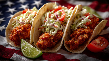 Tacos with chicken and coleslaw on American flag backgroundの写真素材