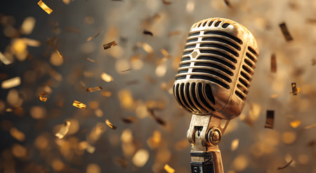 Retro microphone on a background of confetti. 3d renderingの写真素材