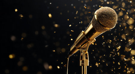 Golden microphone on a black background with golden confetti. 3d renderingの写真素材