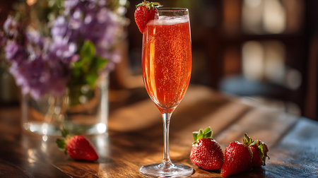 Strawberry cocktail in a glass on a wooden table with flowersの写真素材