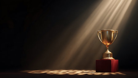 golden trophy on dark background with rays of light and copy spaceの写真素材