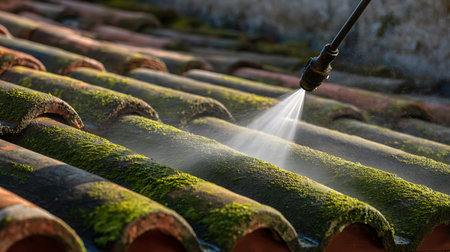 Watering the roof with a sprinkler. Selective focus.の写真素材