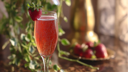 Strawberry cocktail in a glass on a background of green leavesの写真素材