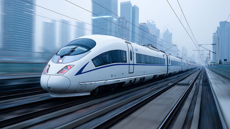 High speed train with motion blur in the city. 3D rendering