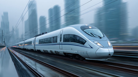 High speed train in motion blur with city background. 3d rendering
