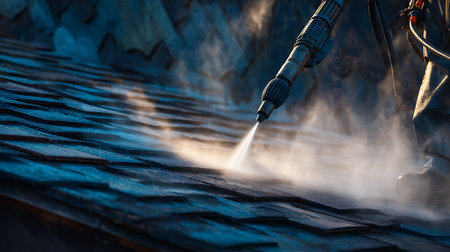 Roofing work with a drill. The process of making roof tiles.の写真素材