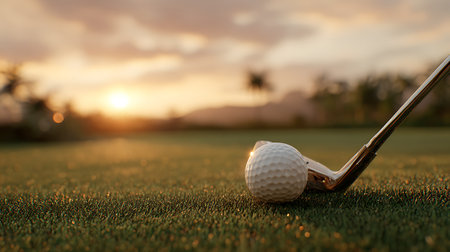 Golf club and golf ball on green grass with sunset background.の写真素材